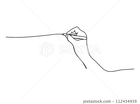 Hand with a pencil in it drawing a line. One line drawing vector illustration. Hand with a pencil in it drawing a line. One line drawing vector illustration. 112434939