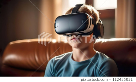 Kid wearing VR glasses at home, looking. AR goggles. Virtual reality headset 112435031