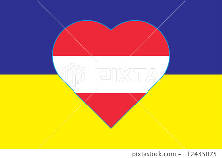 Heart painted in the colors of the flag of Austria on the flag of Ukraine. Illustration of a heart with the national symbol of Austria on a blue-yellow background. 112435075