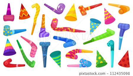 Birthday cones and blowers. Party cone for celebrating, decorative hats for children and adults. Whistles, paper sound toys, neoteric vector collection Birthday cones and blowers. Party cone for celebrating, decorative hats for children and adults. Whistles, paper sound toys, neoteric vector collection 112435098