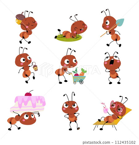 Cartoon ants characters. Isolated ant working, relaxation and eating. Cute children mascot with different emotions. Insect activity nowaday vector clipart 112435102