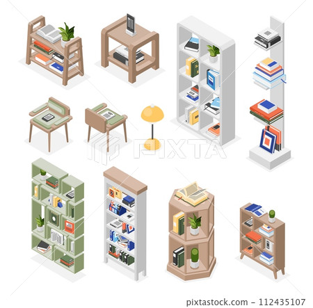Isometric bookshelves. Library furniture, shelf and chairs. Book piles on shelves. School or university, bookstore equipment. Interior flawless vector elements 112435107