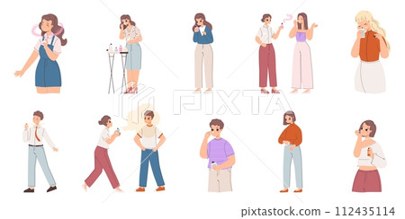 People and perfume. Adult using and trying fragrance, testing aromatic water in beauty store. Shopping cosmetics, perfumer at work, snugly vector set 112435114