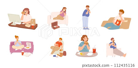 Fat people eating fast food. Overweight young adults with burger, pizza, chips and chicken wings. Junk food, unhealthy nutrition snugly vector set 112435116