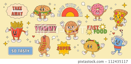 Fast food characters. Groovy delivery stickers and funny burger, hot dog and pizza slice. Retro style cartoon design for trendy restaurant or cafe snugly vector set 112435117