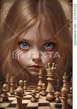 little girl Alice from  wonderland  around chess figure. close up. Ai generated 112435122