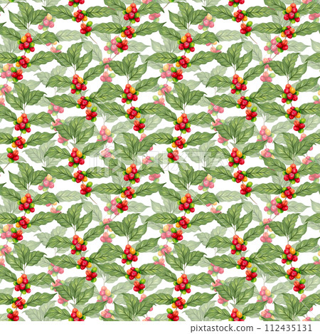 Seamless pattern of coffee branch with leaves. International Coffee Day. Botanical illustration with watercolors and markers. Hand drawn isolated. Suitable for background, cover, coffee packaging. 112435131