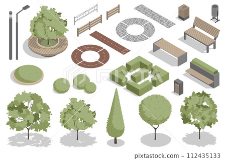 Modern park isometric elements constructor mega set. Creator kit with flat graphic street lanterns, trees and bushes, fences, benches, trash bins, pathes. Vector illustration in 3d isometry design Modern park isometric elements constructor mega set. Creator kit with flat graphic street lanterns, trees and bushes, fences, benches, trash bins, pathes. Vector illustration in 3d isometry design 112435133
