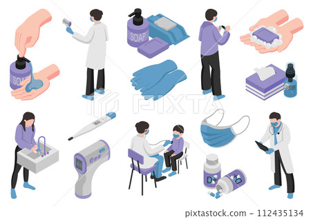 Medical isometric elements constructor mega set. Creator kit with flat graphic washing hands, soap, thermometers, gloves, sanitizers, masks, treatment pills. Vector illustration in 3d isometry design Medical isometric elements constructor mega set. Creator kit with flat graphic washing hands, soap, thermometers, gloves, sanitizers, masks, treatment pills. Vector illustration in 3d isometry design 112435134