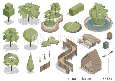 Green park isometric elements constructor mega set. Creator kit with flat graphic trees and bushes for landscaping, wooden benches, fence, lantern, trash bin. Vector illustration in 3d isometry design Green park isometric elements constructor mega set. Creator kit with flat graphic trees and bushes for landscaping, wooden benches, fence, lantern, trash bin. Vector illustration in 3d isometry design 112435135