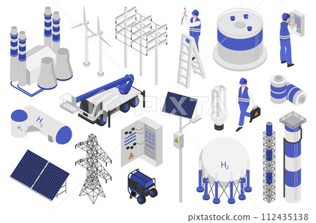 Electrical equipment isometric elements constructor mega set. Creator kit with flat graphic electricians, factory, solar panels, power lines, wind turbines. Vector illustration in 3d isometry design Electrical equipment isometric elements constructor mega set. Creator kit with flat graphic electricians, factory, solar panels, power lines, wind turbines. Vector illustration in 3d isometry design 112435138