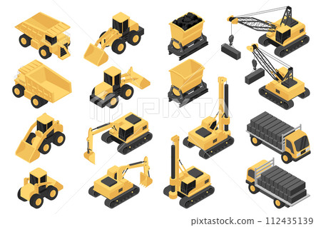 Construction equipment isometric elements constructor mega set. Creator kit with flat graphic concrete machinery, dump trucks, excavators, trolley, cranes. Vector illustration in 3d isometry design 112435139