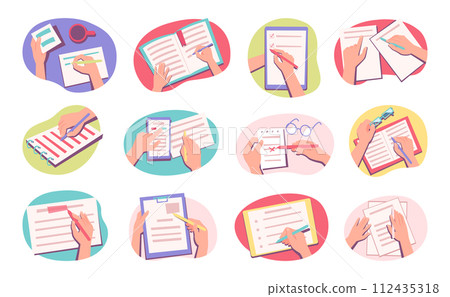 Making notes. Hand holding pencils and writing notes exact vector illustrations set 112435318