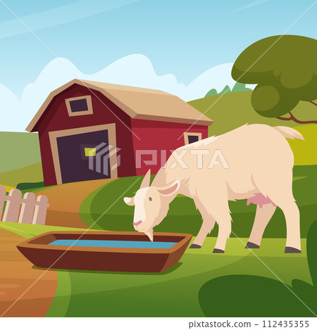 Goat farm cartoon background with goat eating food on farm field 112435355