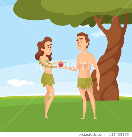 Adam and eve. Cartoon background with authentic christian holy bible characters 112435365