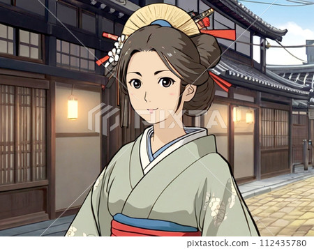 Anime illustration of a woman in kanzashi kimono 112435780