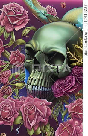 bright graphic drawing skull and pink roses, day of the dead, design, AI generation bright graphic drawing skull and pink roses, day of the dead, design, AI generation 112435787