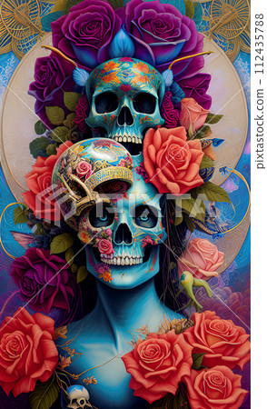 bright graphic drawing skull and red roses, day of the dead, design, AI generation bright graphic drawing skull and red roses, day of the dead, design, AI generation 112435788
