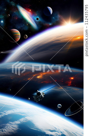 fantastic bright illustration of deep space and distant planets, background, color graphics, AI generation 112435795