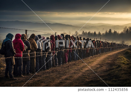 Queue of refugees along the barbed wire border fence 112435856
