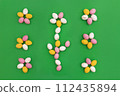 Easter card. Frame of delicious chocolate eggs arranged in shape of flowers on green background. Easter sweets. Use for holiday or spring advertising. Top view, Copy Space 112435894
