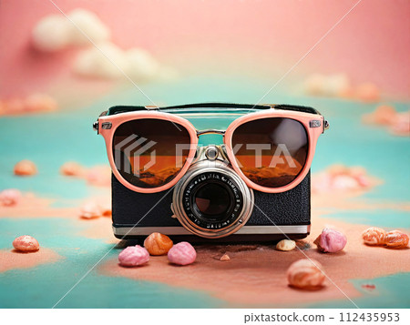 Vintage film camera and sunglasses. Retro-toned image. Vintage film camera and sunglasses. Retro-toned image. 112435953