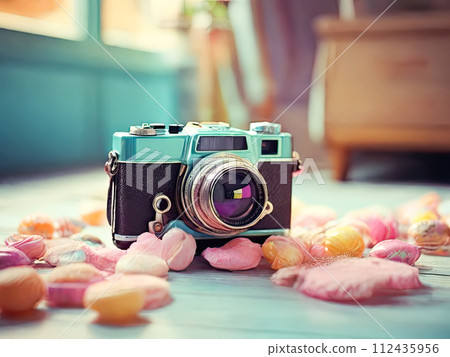 Vintage film camera. Retro-toned image. 112435956