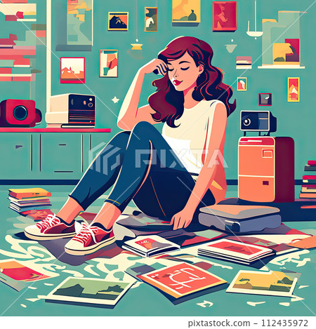 Illustration of a teenager girl sitting on the floor and reading book in the room. Retro art style. Nostalgic mood. Illustration of a teenager girl sitting on the floor and reading book in the room. Retro art style. Nostalgic mood. 112435972