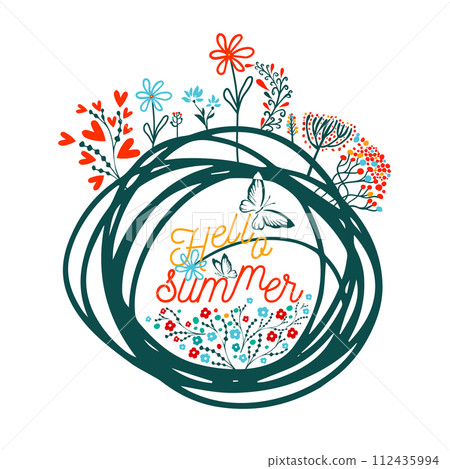 Hand drawn vector frame. Hello summer. Round flower frame. Not AI, Vector illustration Hand drawn vector frame. Hello summer. Round flower frame. Not AI, Vector illustration 112435994