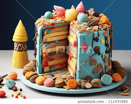 Colorful cake with sweet candy decorations. Colorful cake with sweet candy decorations. 112435995