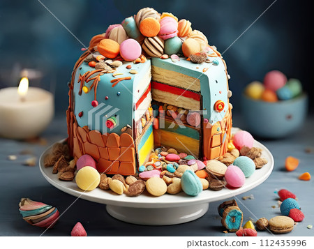 Colorful cake with sweet candy decorations. Colorful cake with sweet candy decorations. 112435996