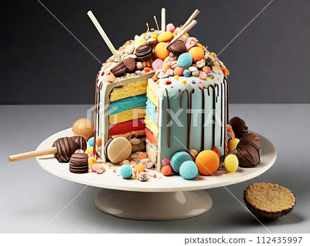 Colorful cake with sweet candy decorations. Colorful cake with sweet candy decorations. 112435997