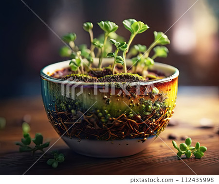 Young green sprouts grow in a ceramic cup. Young green sprouts grow in a ceramic cup. 112435998