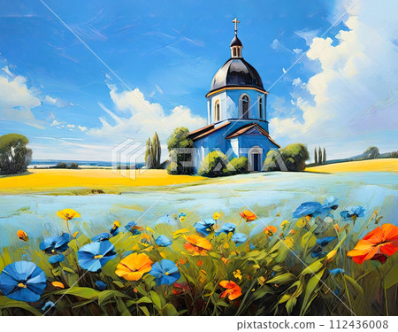 Scenic nature view painting. Beautiful landscape art. 112436008
