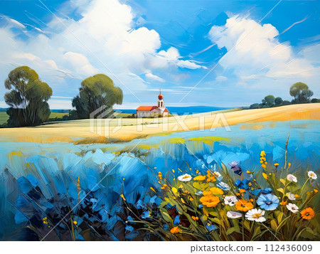 Scenic nature view painting. Beautiful landscape art. 112436009