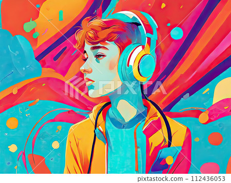Illustration of a teenager enjoying music from headphones. Retro art style. Nostalgic mood. Illustration of a teenager enjoying music from headphones. Retro art style. Nostalgic mood. 112436053