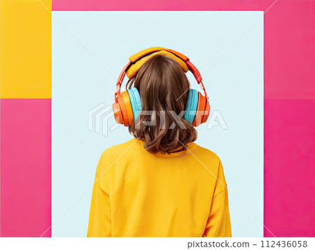Illustration of a teenager enjoying music from headphones. Retro art style. Nostalgic mood. Illustration of a teenager enjoying music from headphones. Retro art style. Nostalgic mood. 112436058