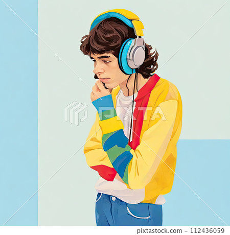 Illustration of a teenager enjoying music from headphones. Retro art style. Nostalgic mood. 112436059