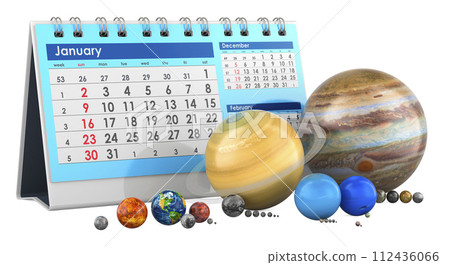 Planets of the solar system with desk calendar. Astronomy Calendar of Celestial Events, concept. 3D rendering 112436066