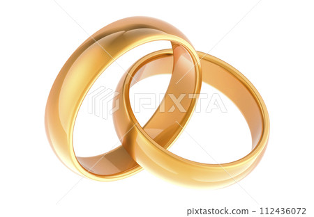 Golden wedding rings his and hers matching set, 3D rendering 112436072