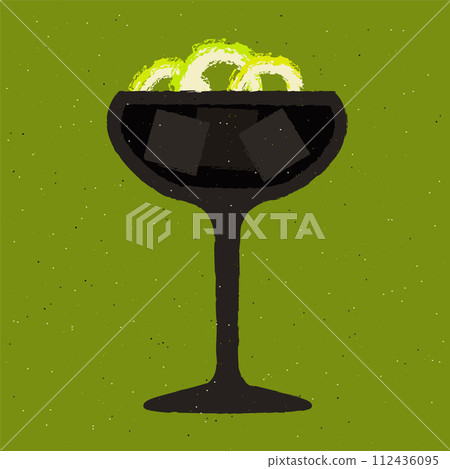 Black cocktail with lime and zest. Dark cocktail with ice cubes in margarita glass 112436095