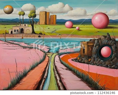 Scenic nature view fantasy painting. Beautiful landscape art. 112436146