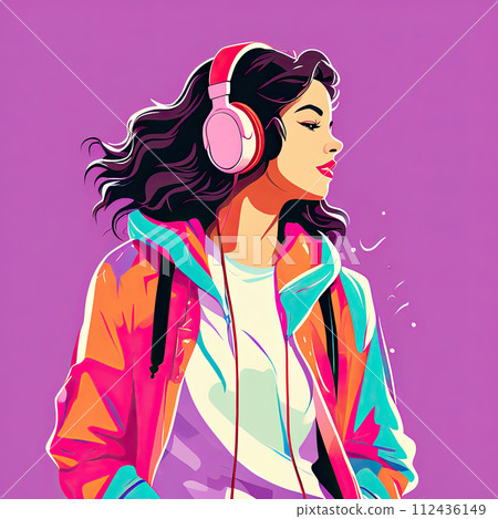 Illustration of a teenage girl enjoying music from headphones. Retro art style. Nostalgic mood. Illustration of a teenage girl enjoying music from headphones. Retro art style. Nostalgic mood. 112436149