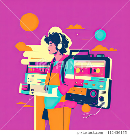 Illustration of a teenager enjoying music from headphones. Retro art style. Nostalgic mood. Illustration of a teenager enjoying music from headphones. Retro art style. Nostalgic mood. 112436155