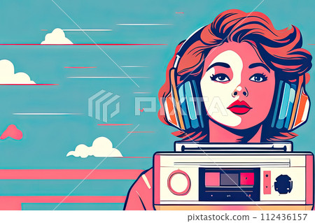 Illustration of a teenage girl enjoying music from headphones. Retro art style. Nostalgic mood. Illustration of a teenage girl enjoying music from headphones. Retro art style. Nostalgic mood. 112436157