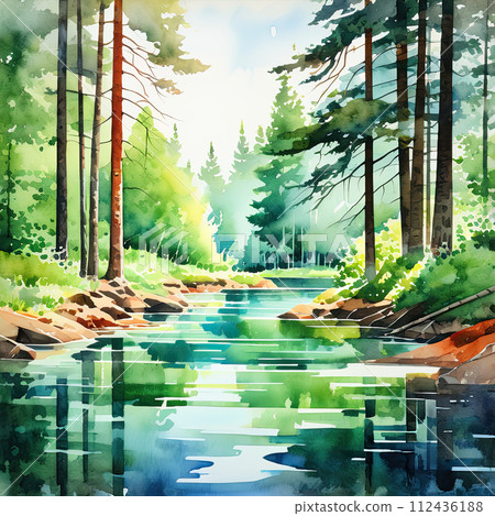 Beautiful tranquil landscape watercolor illustration. 112436188
