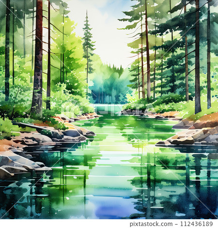 Beautiful tranquil landscape watercolor illustration. 112436189