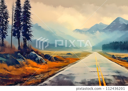 Beautiful tranquil landscape watercolor illustration. 112436201