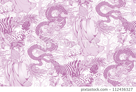 Seamless pattern with chinese motifs - unicorns, fairies and flowers.  In style Toile de Jou. 112436327