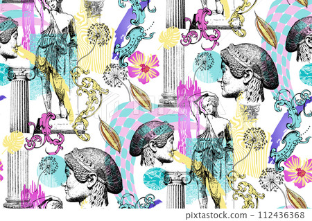 Seamless pattern for exhibitions of painting, sculpture and music. Abstract background, Roman column, Greek sculpture, baroque decorative elements for magazine or cover 112436368